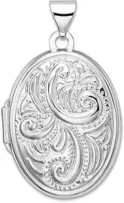 [JewelryWeb] 925 Sterling Silver Polished Patterned Reversible Holds 2 photos Scroll Oval Locket 28x17mm Wide-Locket Necklace for Women