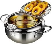 Deep Fryer Pot, Japanese Frying Pot Tempura Deep Fryer with Thermometer, Oil Drain, Lid, Stainless Steel Deep Frying Pot for French Fries Chicken Wings and Shrimp, Easy to Clean
