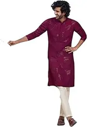[KISAH] Men's Kurta, Burgundy Cotton, Embellished Regular Fit Mandarin Collar Long Sleeves