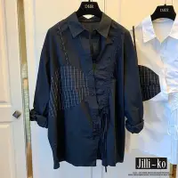 在飛比找Yahoo奇摩購物中心優惠-JILLI-KO 假兩件不規則拼接格子寬鬆襯衫- 黑色