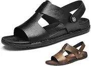 [ETORYOOX] Men'S Leather Hollow Out Handmade Casual Flat Sandals,Lightweight Open Toe Slip-On Ankle Strap Beach Sandals,For Summer Outdoor Breathable Non-Slip Slippers