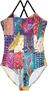 [RPLIFE] Patchwork Fabric Colorful Feather Motifs Little Girl Bathing Suits, Summer Swimsuits Girls, Beach Swimsuit Girls