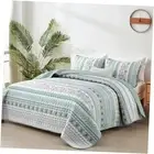 Boho Quilt Set King Size,3 Piece Mint Green Bohemian Striped Bedspread