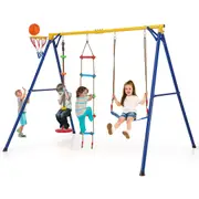 Costway 4-in-1 Swing Set Carbon Steel Swing Stand w/ 1 Basketball Hoop/Climbing Ladder/Belt Swing