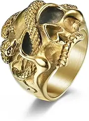 [JESMING] Serpentine Skull Ring Stainless Steel Punk Ring Biker Cocktail Party Ring Gold Silver Rings for Men