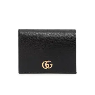 【GUCCI 古馳】經典金屬雙G 荔枝紋牛皮 暗釦 皮夾 短夾 黑色 456126