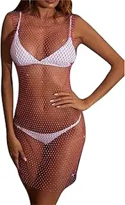 [Caviotess] Women’s Sparkly Rhinestone Bikini Dress Sexy Sheer Mesh Sleeveless Swimsuit Cover Up Swimwear for Beach Pool Clubwear