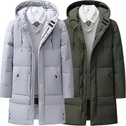 [JEShifangjiusu] 1/2 Pack Thick Zipper Clothing For Men Long Warm Clothes Feather Anti-Wind, Waterproof And Snow Coat, Green+Grey, Large