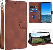 [HINTOWAVE] Wallet Case for iPhone 12 with [2 Screen Protector] Card Holder Slot Kickstand Wrist Strap, Vegan Leather Folio with [Shockproof Inner Case], Slim Flip Cover for Men Women (Caramel)