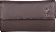 [J. Wilson London] Ladies RFID Safe Designer Leather Purse Card Women Wallet Zip Pocket Boxed, Coffee Brown, M, Contemporary