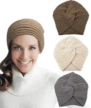 [Hapdoo] 3pcs Womens Winter Hats, Beanie Hat for Women, Knit Hat Slouchy Beanies Wool Hat, Warm Turban Hat Thick Chemo Caps for Cancer Patient, White Gray Brown, Buff, Grey, Coffee, One Size