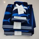 4pc CARO Home (2) Bath Towels (2) Hand Towel SHARKS Blue Nautical Ocean Beach