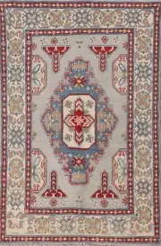 Light Gray Super Kazal Geometric Oriental Hand-knotted Rug Accent Carpet 3'x5'