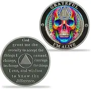 2 Year AA Sobriety Coin – Colorful Skull Recovery Token with Serenity Prayer – I'm Alive Medallion – Unity Service Recovery 12 Step Chip – Inspirational Milestone Gift
