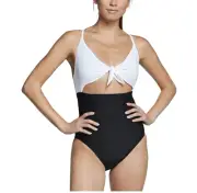Speedo Women Tie Front One-Piece Swimsuit Black White Sz 10