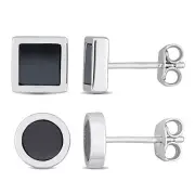 Amour Men's Sterling Silver Hematite Square & Round Stud Earrings 2PC Set