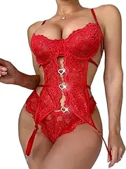 [SEXYTINE] Women's Lace Lingerie Set Babydoll Bodysuit with Garter Belt