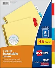 Avery Big Tab Insertable Dividers, Buff Paper, 5 Multicolor Tabs, Case Pack of 48 Sets (11109)
