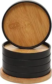 Senstap Wooden Coasters for Drinks Coffee Table, Drink Coasters with Holder, Set of 5 Cup Mat for Tabletop Protection, Cup Coaster with Lip 4-inch Round, Black