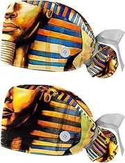 [YTYVAGT] 2-Pc,Nurse Scrub Caps,Scrub Hats with Buttons and Cotton Sweatband,Egyptian Ancient Retro Nation