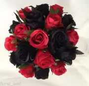 Silk wedding bouquet red and black roses pre made posy rose artificial flowers