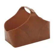 Litton Lane Magazine Holder Brown Leather w/ Detail Stitching + Curved Handles