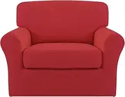 Easy-Going 2 Pieces Microfiber Stretch Couch Slipcover – Spandex Soft Fitted Sofa Couch Cover Washable Furniture Protector with Elastic Bottom Kids Pet (Chair,Christmas Red)