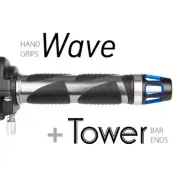 KiWAV Motorcycle Wave Grips Dark Gray with Tower Bar Ends Blue/Silver