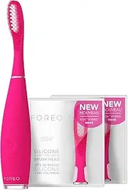 FOREO ISSA 3 Bundle - Ultra-Hygienic 4-in-1 Silicone Sonic Electric Toothbrush + 2 x ISSA Hybrid Wave Brush Head - White Teeth, Clean Gums, Cheeks & Tongue, Soft Toothbrush - Fuchsia