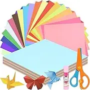 Swpeet 10x 10 Inches 200 Sheets 20 Vivid Colors Origami Paper Kit with Glue Stick and Scissors, Double-Sided Color Square Folding Paper for DIY School Arts Crafts Projects Children Adults