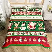 Manfei Merry Christmas Kids Duvet Cover Set Twin Size,Xmas Santa Claus Pine Trees Reindeer Bedding Set,Girls Boys Room Decor,Winter Snowy Romantic Red Green Striped Quilt Cover,No Comforter