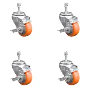 3.5 Inch SS Orange Poly Swivel 3/8 Inch Threaded Stem Caster Set Brake