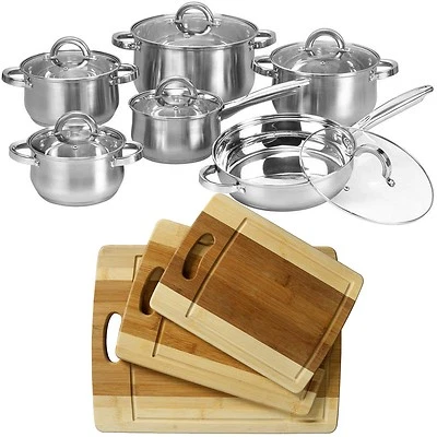 12 Piece Cookware Set Stainless Steel Pot Pan + 3pc Organic Bamboo Cutting Board