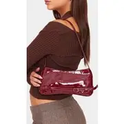 Burgundy Patent Pu Buckle Baguette Shoulder Bag, Burgundy