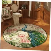 Round Rug 4ft Washable Circle Rug Non Slip Low Pile Floral Peacock Animal