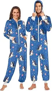 [ZZXXB] Cool Shark Surfing Starfish Onesie Pajamas for Adult Women Men Long Sleeves One Piece Onesies Hooded Sleepwear S - XL