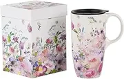 Topadorn Ceramic Coffee Mug Travel Cup Gift with Lid 17oz, Porcelain Tall Tea Cup with Handle for Home & Office, White & Pink Flower Art Pattern Mug in Gift Box, 6.5''H
