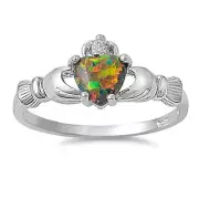 Fire Lab Opal Claddagh Ring CZ - 925 Sterling Silver - Irish Celtic Heart