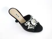 MIU MIU Black Silk Crystal Stiletto Slide Sandals Shoes IT37.5/US7 NIB
