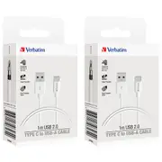 2PK Verbatim Charge & Sync USB to USB-C Soft Touch Rubber Durable Cable 1m White