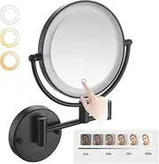 8" Rechargeable Wall Mounted Makeup Mirror- 10X Magnifying Mirror with Light | 3 Color LED Lighting & Touch Screen Dimmable | 360° Rotation & Extended ArmBlack,10x
