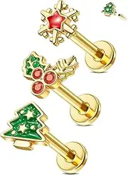[Jewseen] 3Pcs Christmas Lip Rings,Internally Threaded Lip Piercing Jewelry,Gold Lip Studs,Labret Stud 16g Helix Conch Nose Tragus Piercing Jewelry for Women Men
