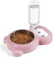 Azwraith Double Dog Cat Bowls, Pet Water and Food Bowl Set with Automatic Water Dispenser Bottle Detachable Stainless Steel Bowl for Small Dogs and Cats Kitten Puppy Rabbit Bunny - Pink