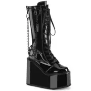 SHINY BLACK PATENT 5.5" WEDGE STRETCH KNEE-HI BOOT. DETAILED 6 7 8 9 10 11 12