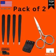 Black Tweezers Set 4-Piece + Nose Hair Scissors Eyebrows Stainless Steel