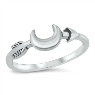 Moon and Arrow Ring Genuine Sterling Silver 925 Oxidize Face Height 6 mm Size 10