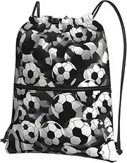 EdWal Black And White Soccer Ball Pattern Print Drawstring Backpack Gym Bags Sports Bags With Zipper Pocket For Travel Swimming Beach, Black, One Size