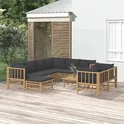 10 Piece Garden Lounge Set with Dark Grey Cushions Bamboo, Garden Furniture Sets