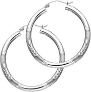 [JewelryWeb] 14k White Gold 3mm Budded Sparkle Cut Hoop Earrings-Hoop Earring for Women