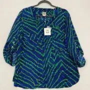 New Anne Klein Blue Green Artsy Retro V Neck Rolled Tab Pullover Top XL